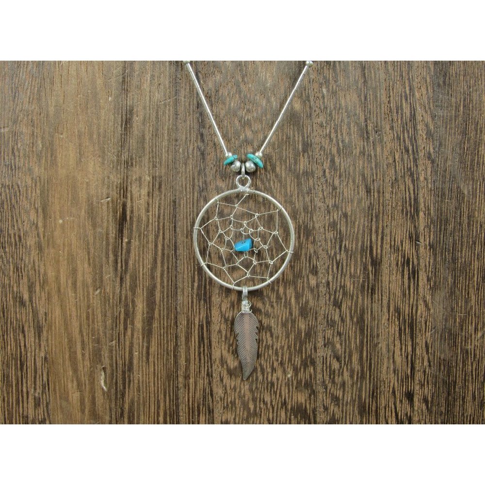 18" Sterling Silver Stone Chip Dream Catcher Liquid Silver Necklace Vintage